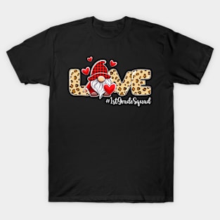 Love 1st Grade Squad Gnome Valentine Gnome Teacher Leopard T-Shirt